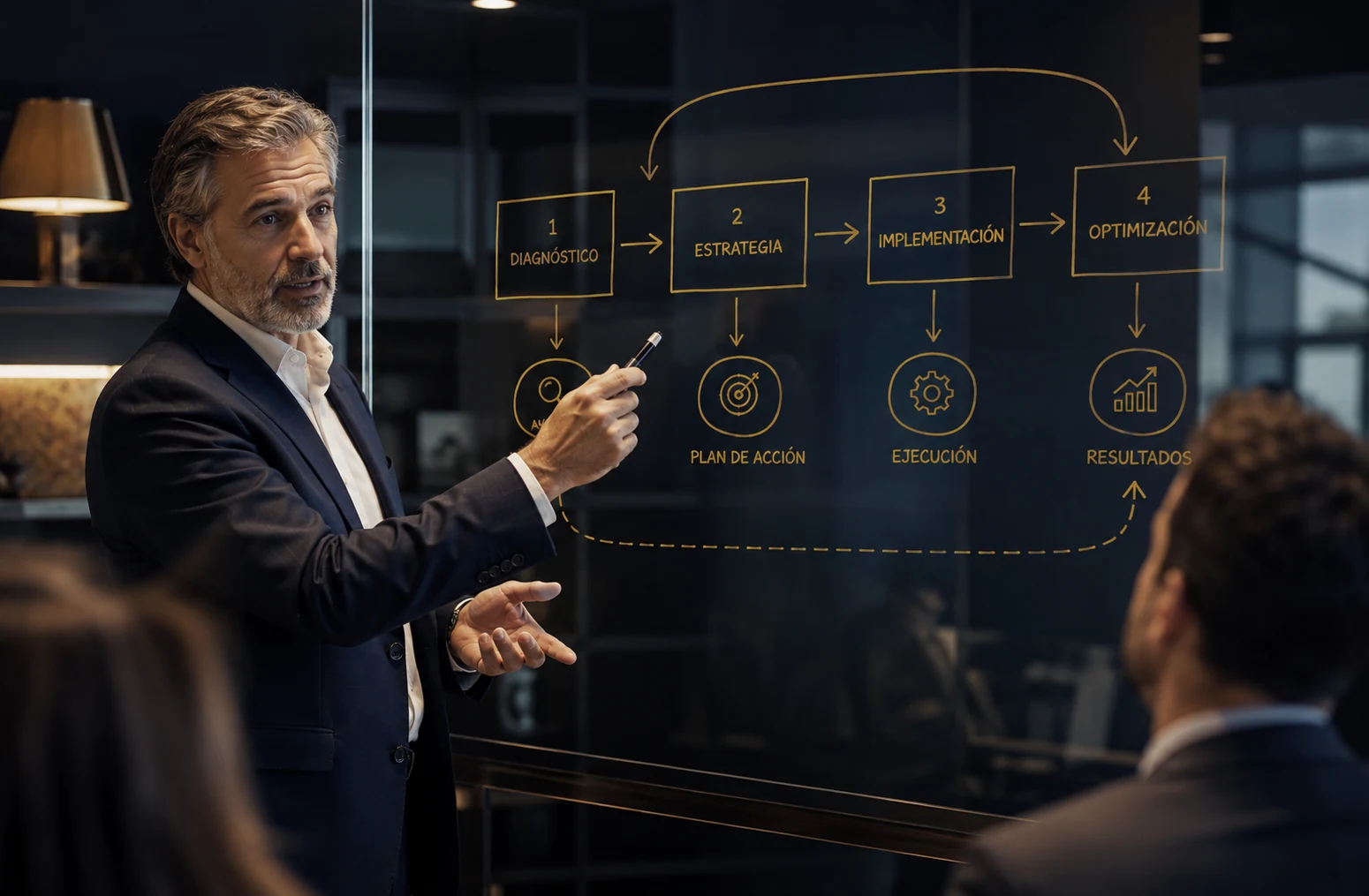 Consultor explicando o método em quadro de vidro